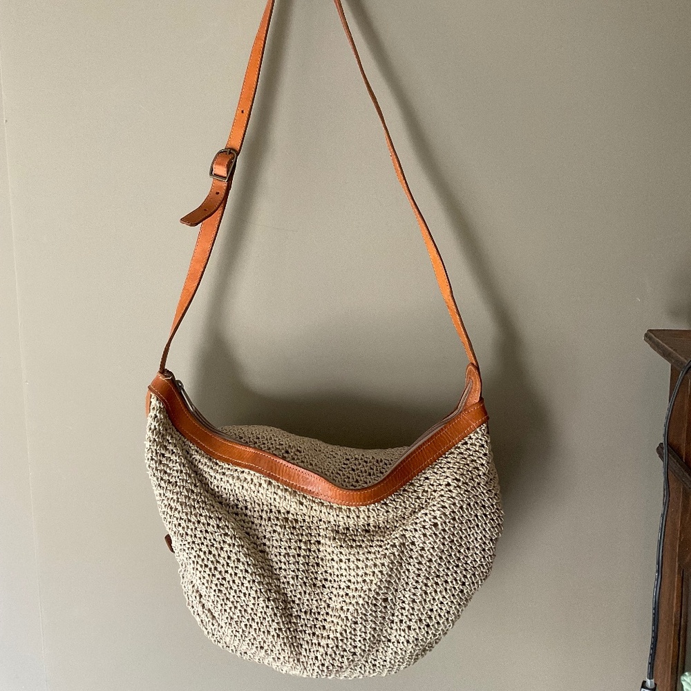 Early 80s woven jute and leather Hobo Bag